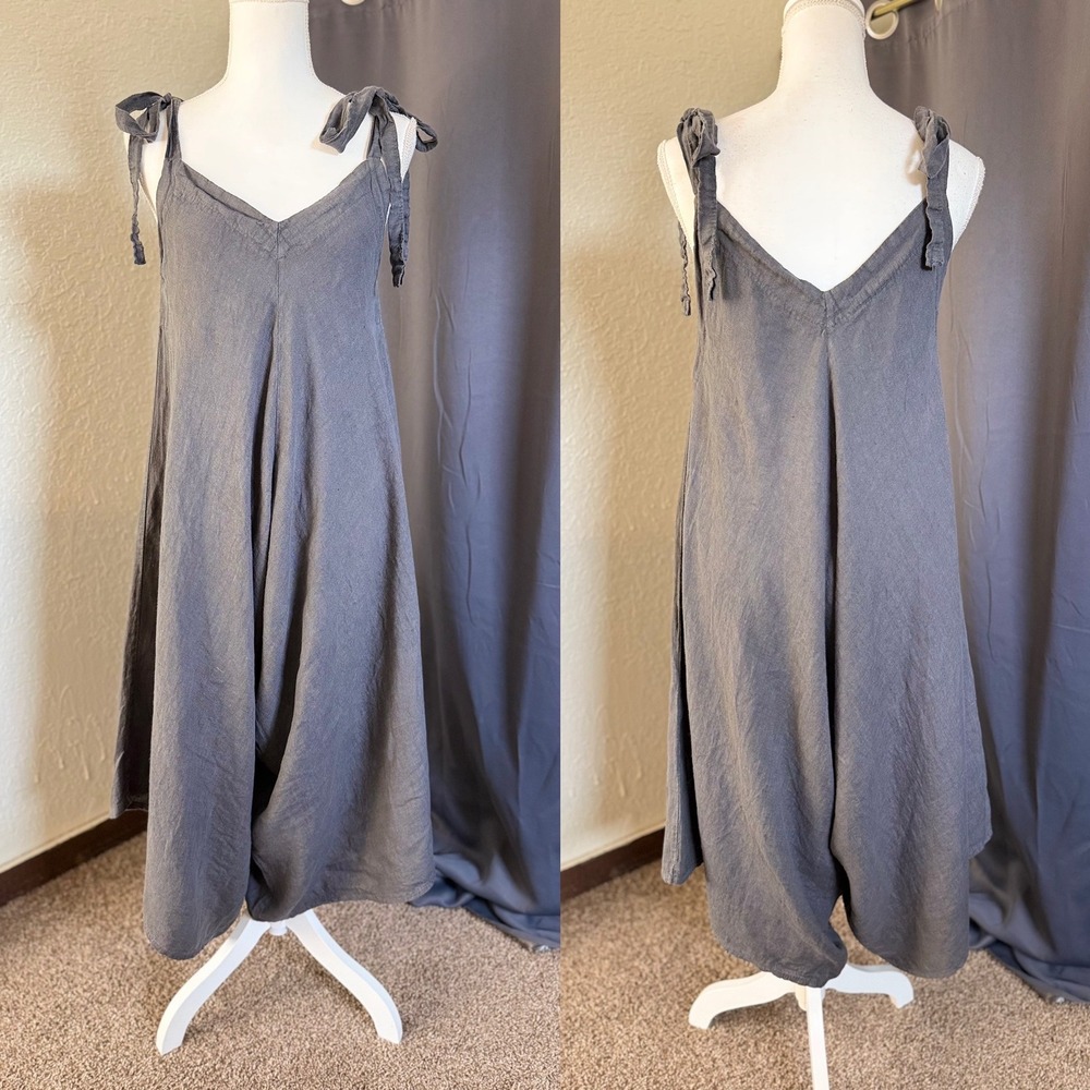 Made in Italy Gray Linen Tie Shoulder Wide Leg Harem Jumpsuit Gray